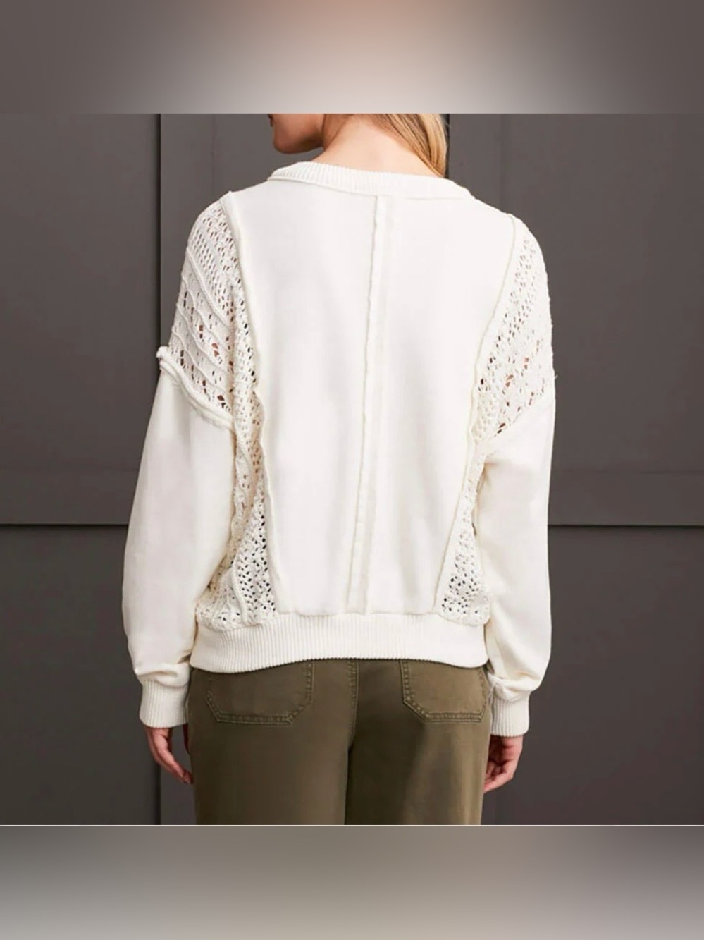 Tribal Jeans Cream Mixed Media Crochet Knit Detail Pullover Sweater Size XL - Picture 2 of 13